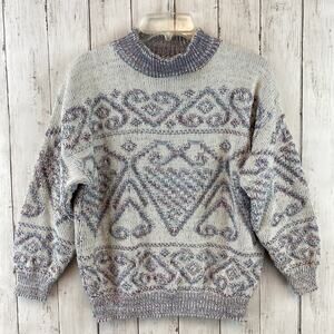 VTG Gray/Blue/Purple Printed Knit Long Sleeve Cropped Sweater Size XL Art